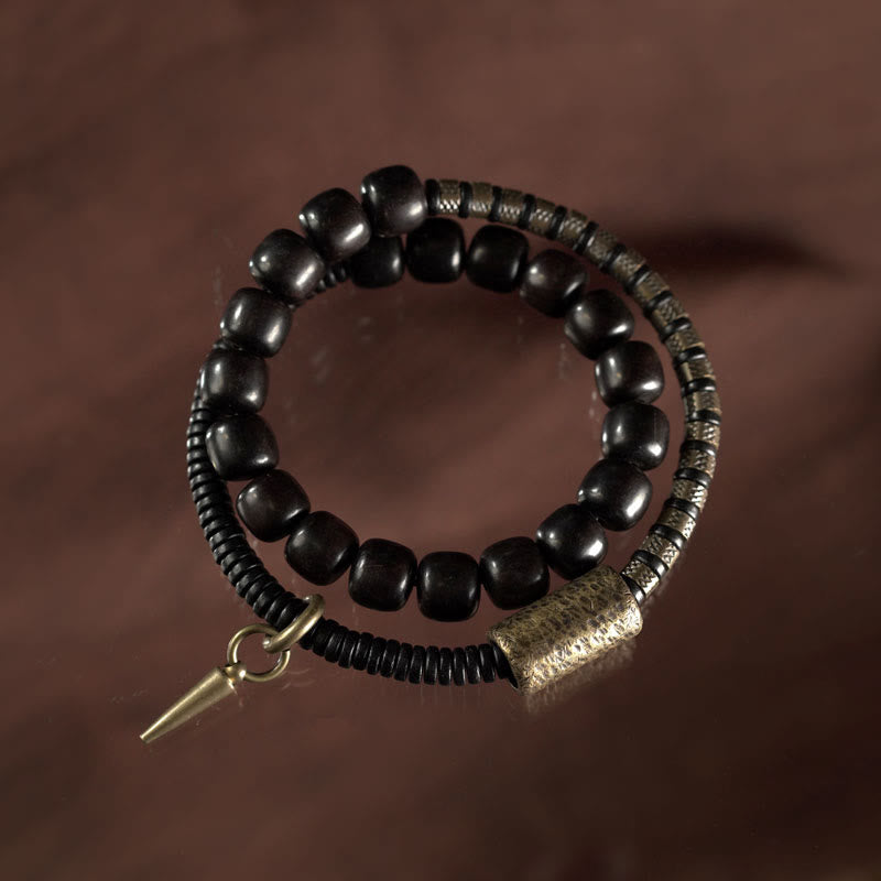 Nimara Ritual Ebony Wood Copper Brass Vintage Bead Cone Double Wrap Balance Bracelet