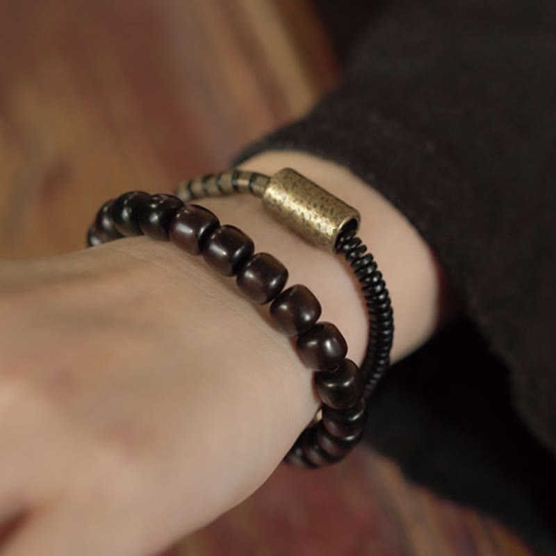 Nimara Ritual Ebony Wood Copper Brass Vintage Bead Cone Double Wrap Balance Bracelet