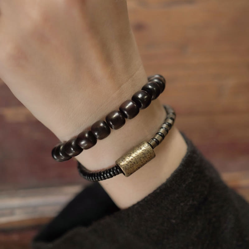 Nimara Ritual Ebony Wood Copper Brass Vintage Bead Cone Double Wrap Balance Bracelet
