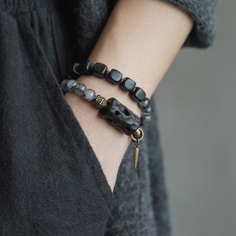 Nimara Ritual Ebony Wood Black Rutilated Quartz Copper Brass Double Wrap Balance Bracelet
