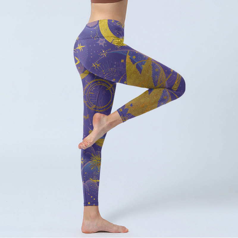 Nimara Ritual Moon Sun Stars Print Gym Leggings Women's Yoga Pants