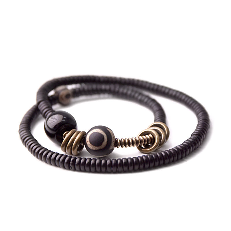 Nimara Ritual Ebony Wood Green Sandalwood Copper Brass Dzi Bead Black Onyx Calm Double Wrap Bracelet