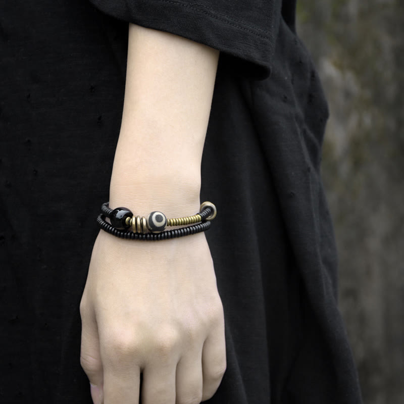 Nimara Ritual Ebony Wood Green Sandalwood Copper Brass Dzi Bead Black Onyx Calm Double Wrap Bracelet