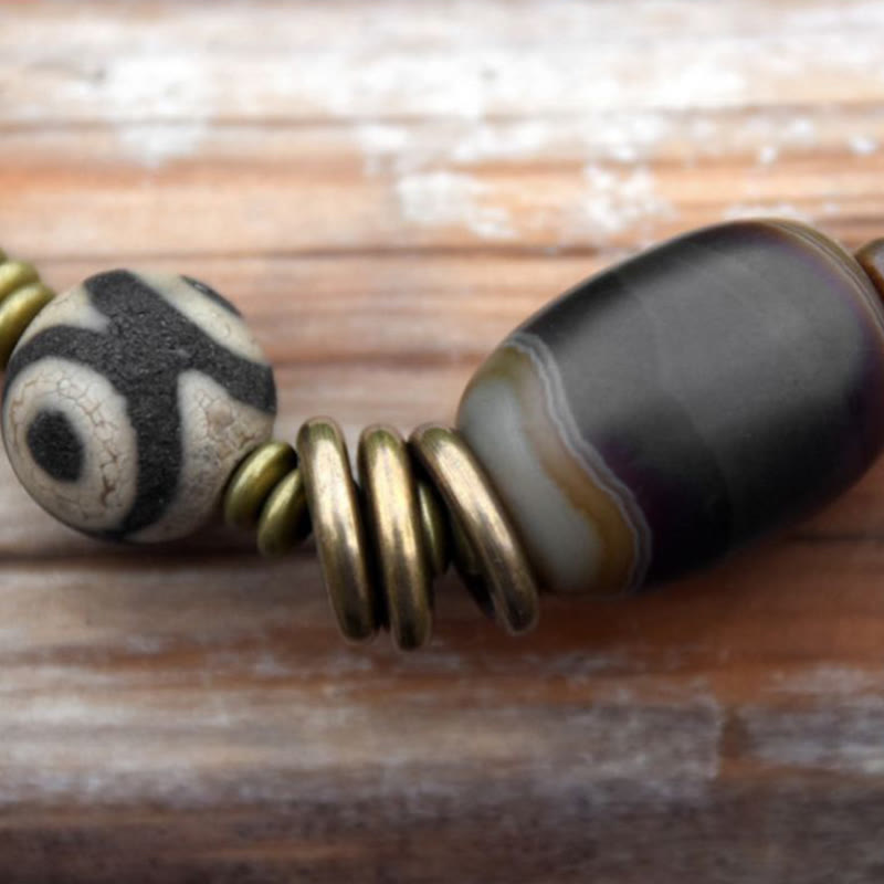 Nimara Ritual Ebony Wood Green Sandalwood Copper Brass Dzi Bead Black Onyx Calm Double Wrap Bracelet