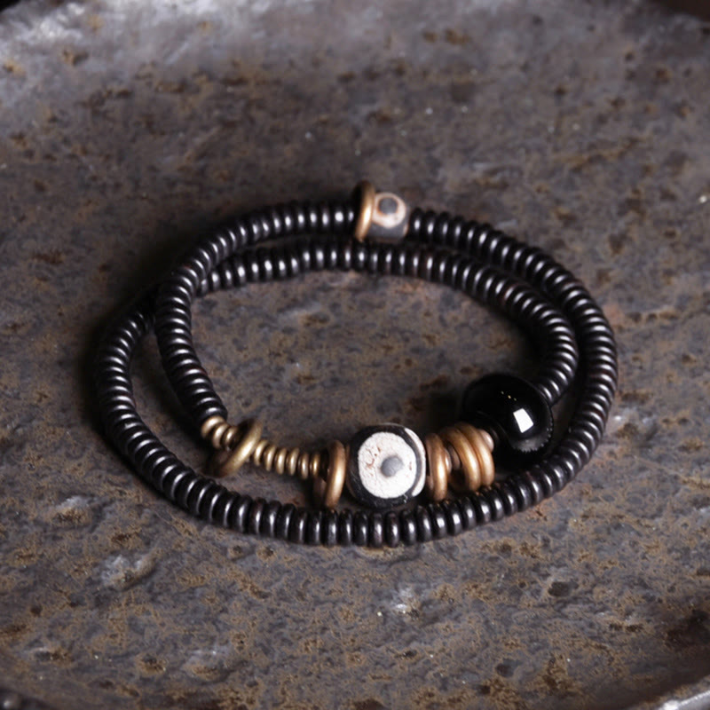 Nimara Ritual Ebony Wood Green Sandalwood Copper Brass Dzi Bead Black Onyx Calm Double Wrap Bracelet