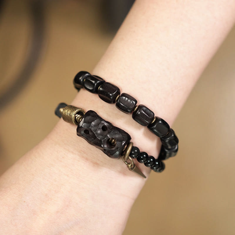 Nimara Ritual Ebony Wood Black Obsidian Copper Brass Peace Double Wrap Bracelet