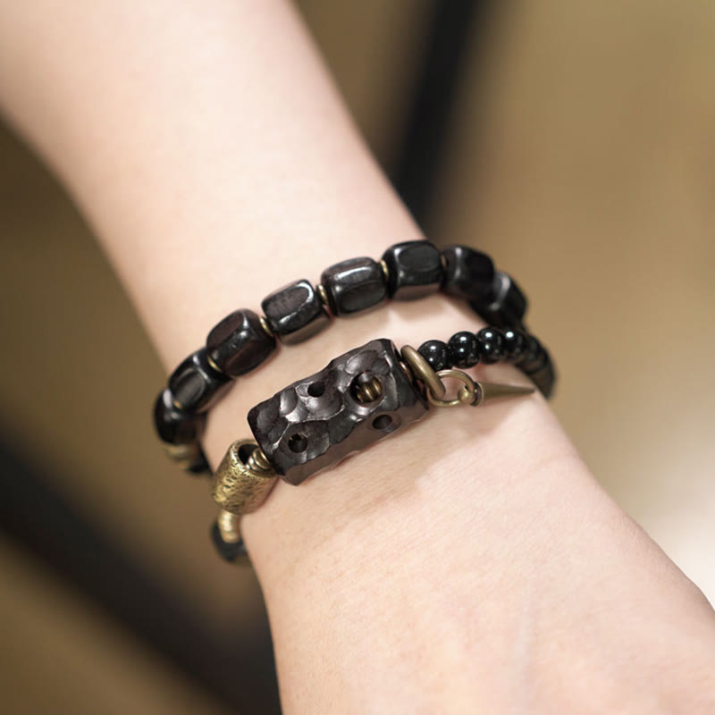 Nimara Ritual Ebony Wood Black Obsidian Copper Brass Peace Double Wrap Bracelet