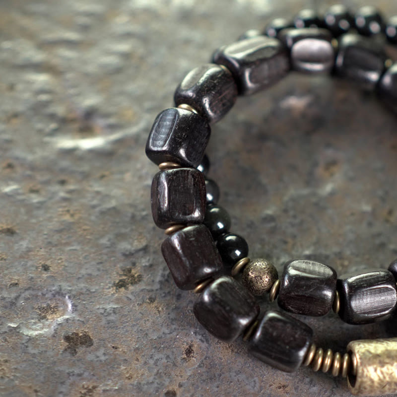 Nimara Ritual Ebony Wood Black Obsidian Copper Brass Peace Double Wrap Bracelet