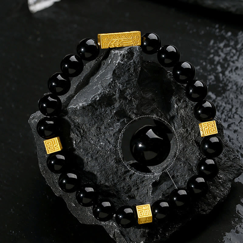 Nimara Ritual Black Obsidian 925 Sterling Silver Fu Character Cube Strength Bracelet