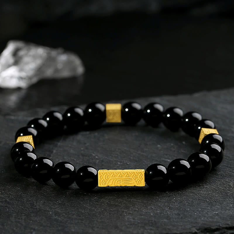 Nimara Ritual Black Obsidian 925 Sterling Silver Fu Character Cube Strength Bracelet