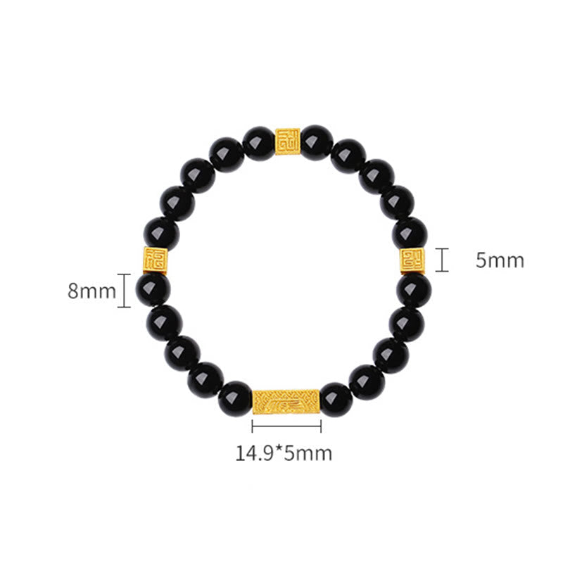 Nimara Ritual Black Obsidian 925 Sterling Silver Fu Character Cube Strength Bracelet