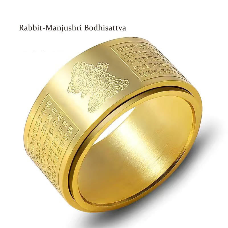 Nimara Ritual Chinese Zodiac Natal Buddha Heart Sutra Carved Titanium Steel Calm Rotatable Ring