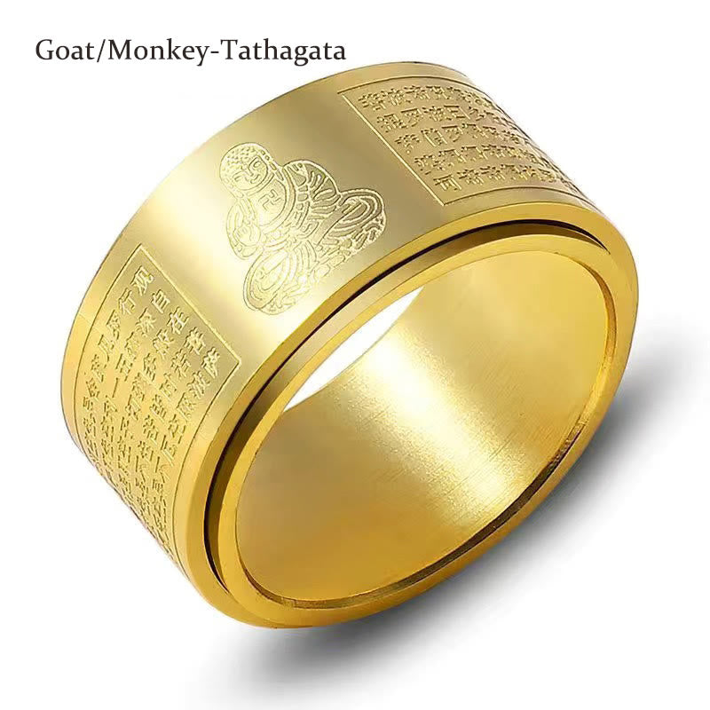 Nimara Ritual Chinese Zodiac Natal Buddha Heart Sutra Carved Titanium Steel Calm Rotatable Ring