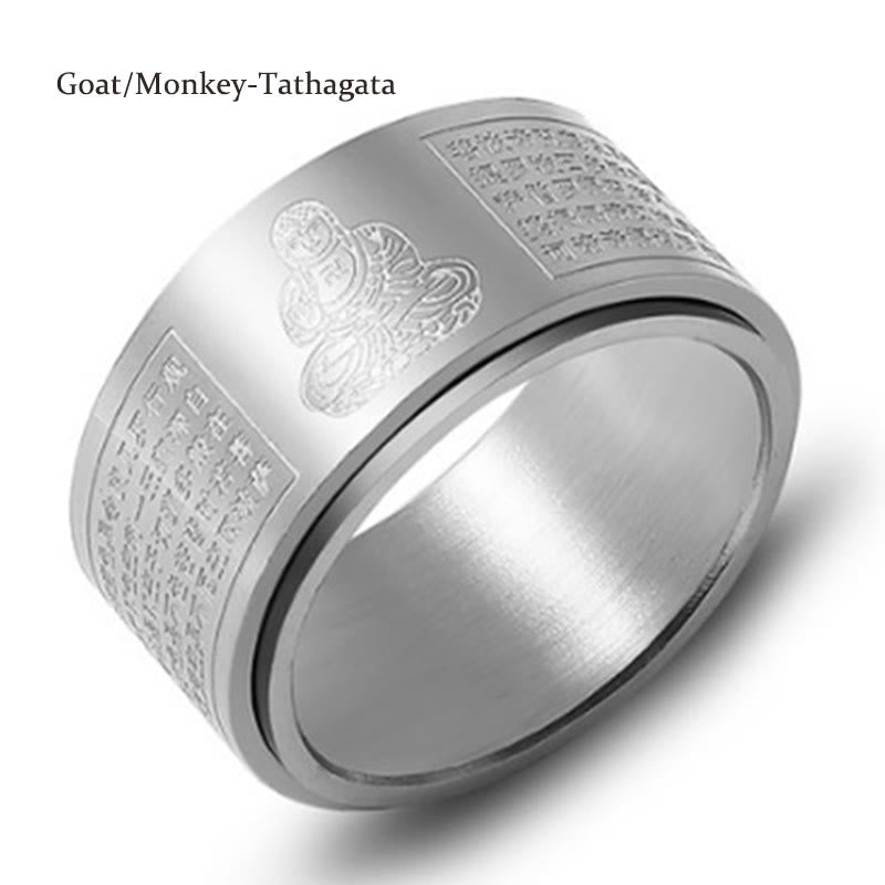 Nimara Ritual Chinese Zodiac Natal Buddha Heart Sutra Carved Titanium Steel Calm Rotatable Ring