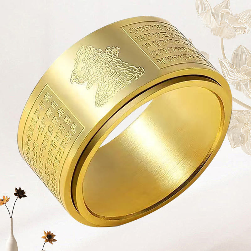 Nimara Ritual Chinese Zodiac Natal Buddha Heart Sutra Carved Titanium Steel Calm Rotatable Ring