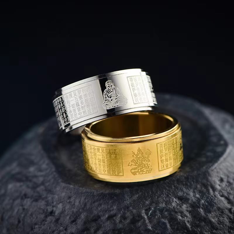 Nimara Ritual Chinese Zodiac Natal Buddha Heart Sutra Carved Titanium Steel Calm Rotatable Ring
