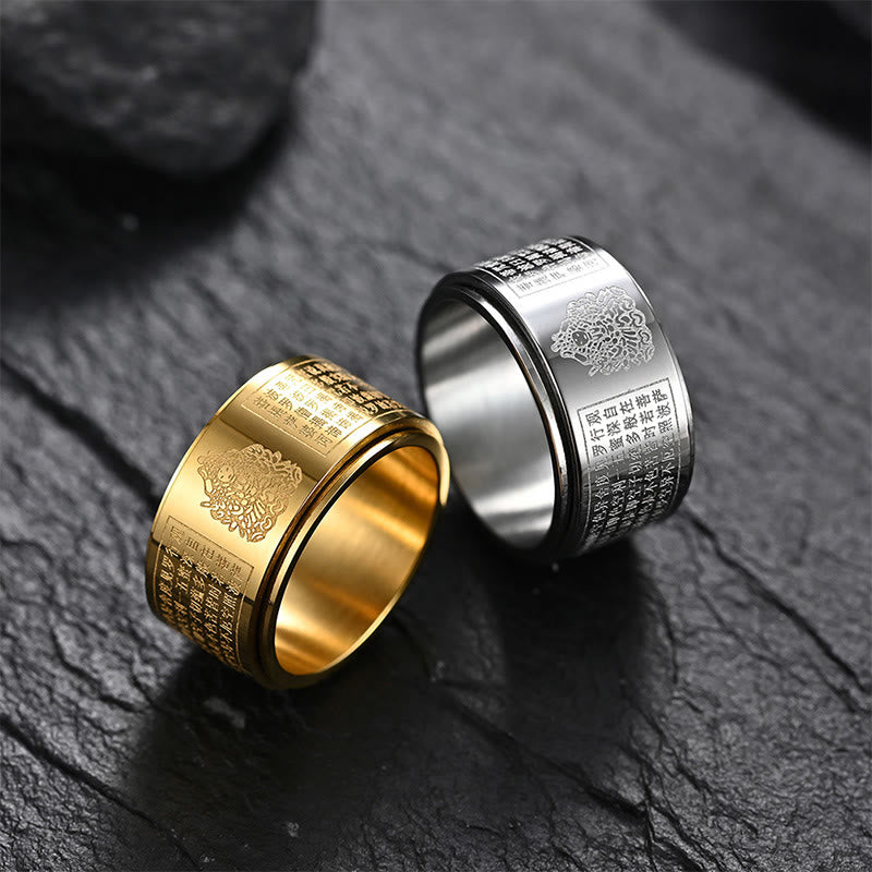 Nimara Ritual Chinese Zodiac Natal Buddha Heart Sutra Carved Titanium Steel Calm Rotatable Ring