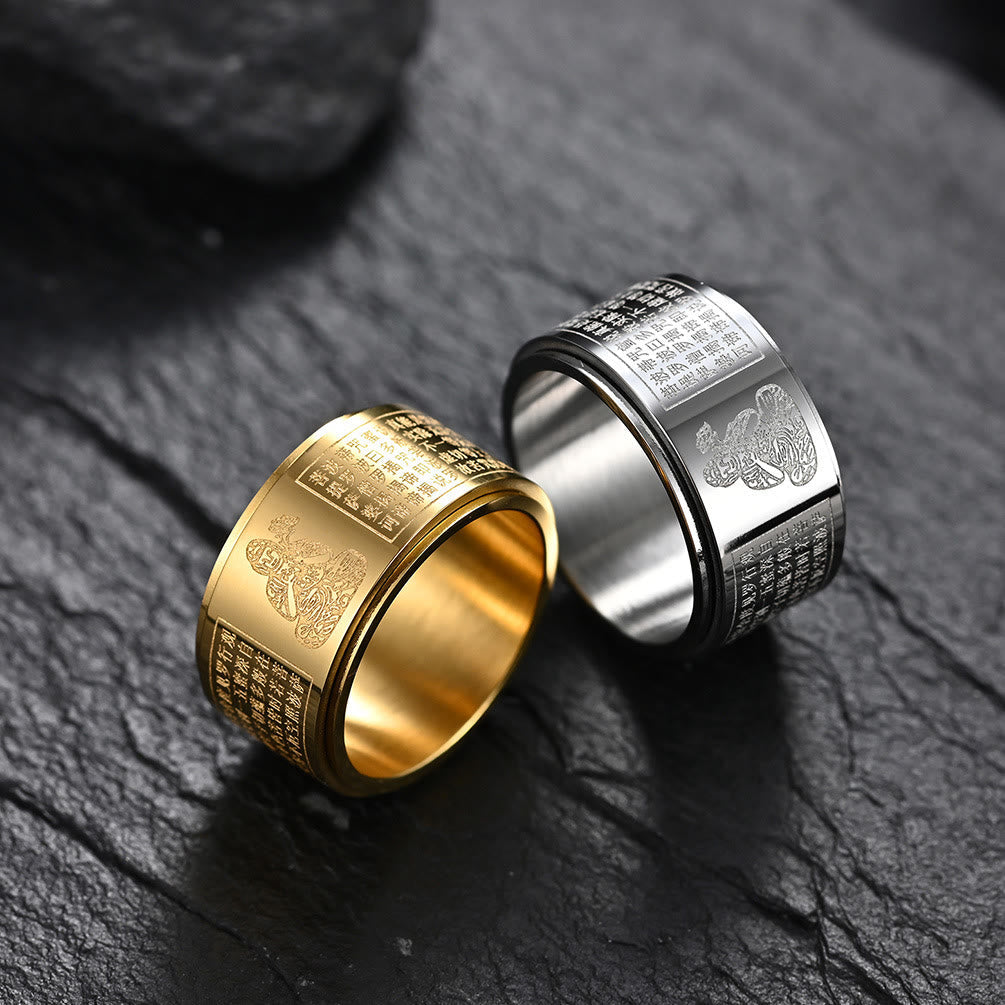 Nimara Ritual Chinese Zodiac Natal Buddha Heart Sutra Carved Titanium Steel Calm Rotatable Ring