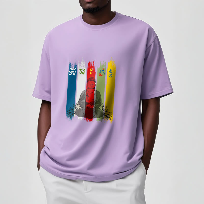Nimara Ritual Six True Words 'Om Mani Padme Hum' Buddha Sitting With Lotus Cotton Tee T-shirt