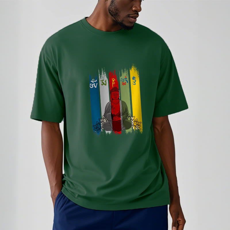 Nimara Ritual Six True Words 'Om Mani Padme Hum' Buddha Sitting With Lotus Cotton Tee T-shirt