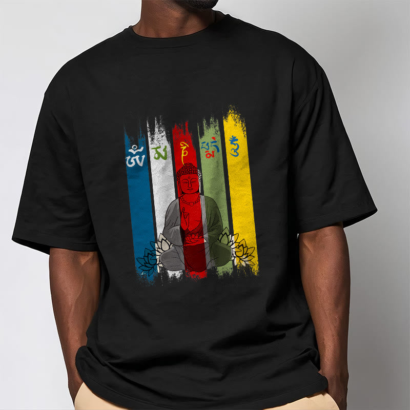 Nimara Ritual Six True Words 'Om Mani Padme Hum' Buddha Sitting With Lotus Cotton Tee T-shirt