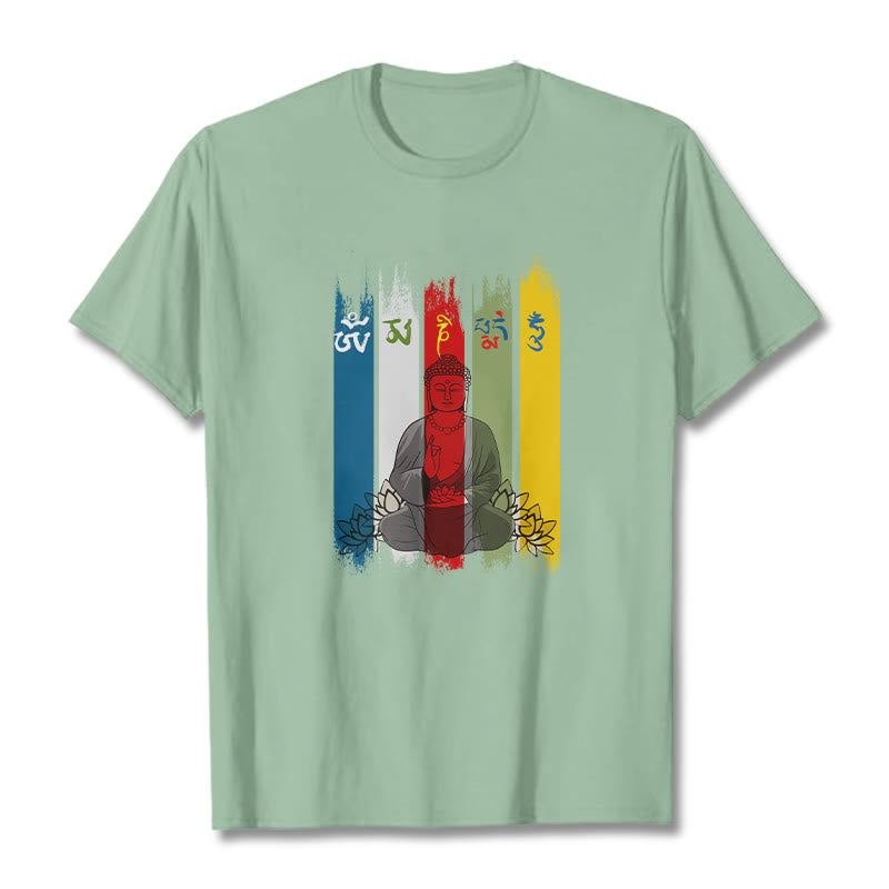 Nimara Ritual Six True Words 'Om Mani Padme Hum' Buddha Sitting With Lotus Cotton Tee T-shirt