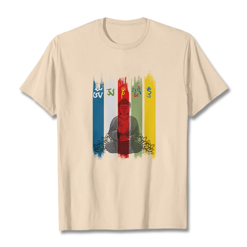 Nimara Ritual Six True Words 'Om Mani Padme Hum' Buddha Sitting With Lotus Cotton Tee T-shirt