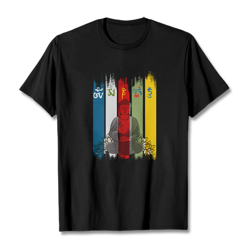 Nimara Ritual Six True Words 'Om Mani Padme Hum' Buddha Sitting With Lotus Cotton Tee T-shirt