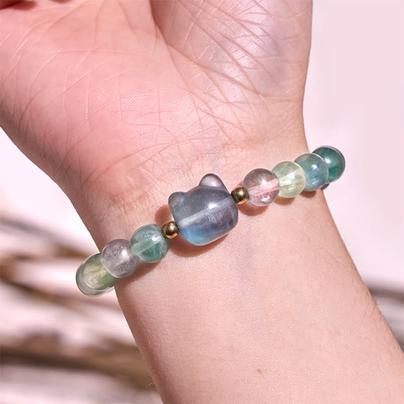 Nimara Ritual Amethyst Green Aventurine Rose Quartz Fluorite Cat Head Balance Luck Bracelet