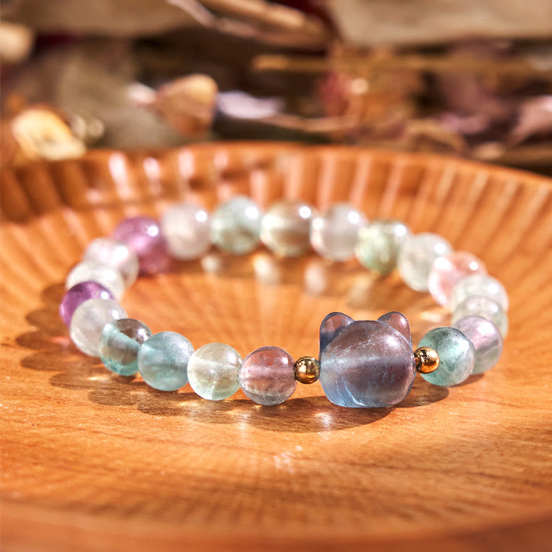 Nimara Ritual Amethyst Green Aventurine Rose Quartz Fluorite Cat Head Balance Luck Bracelet