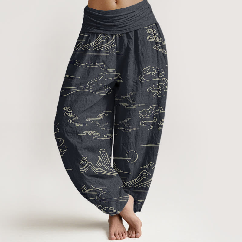 Nimara Ritual Cotton Mountain Moon Auspicious Clouds Pattern Women's Elastic Waist Harem Pants