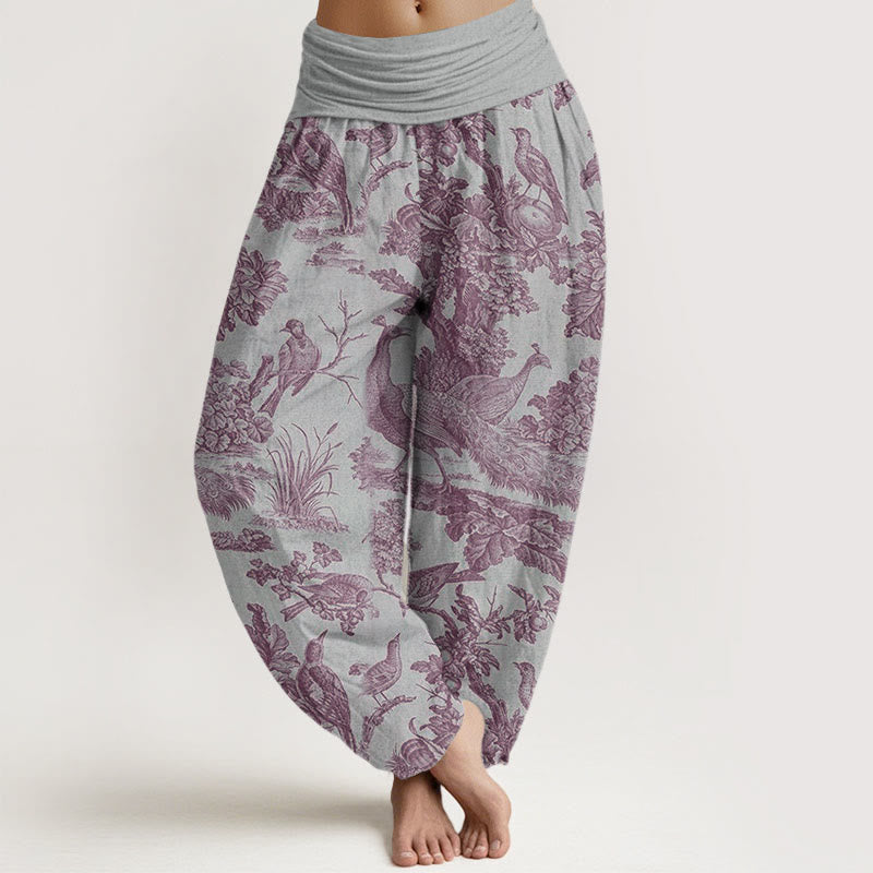 Nimara Ritual Cotton Birds Trees Branches Pattern Women's Elastic Waist Harem Pants