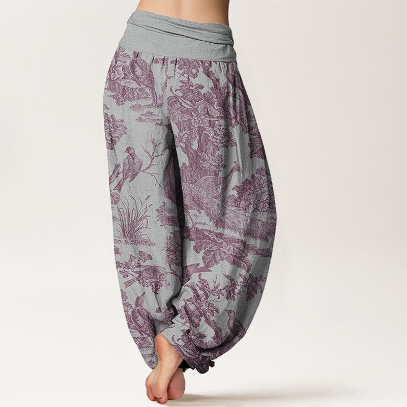 Nimara Ritual Cotton Birds Trees Branches Pattern Women's Elastic Waist Harem Pants