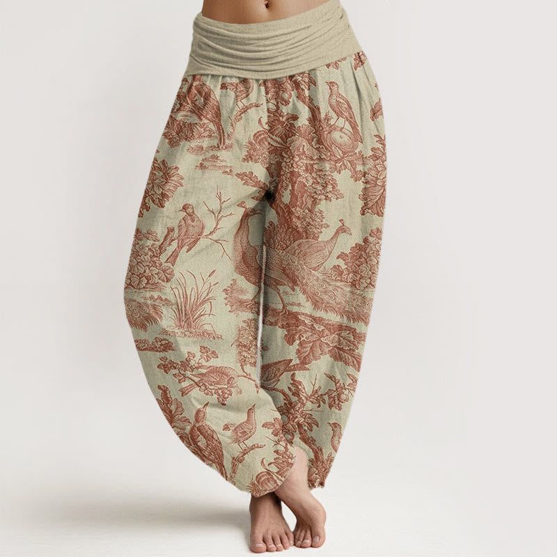Nimara Ritual Cotton Birds Trees Branches Pattern Women's Elastic Waist Harem Pants