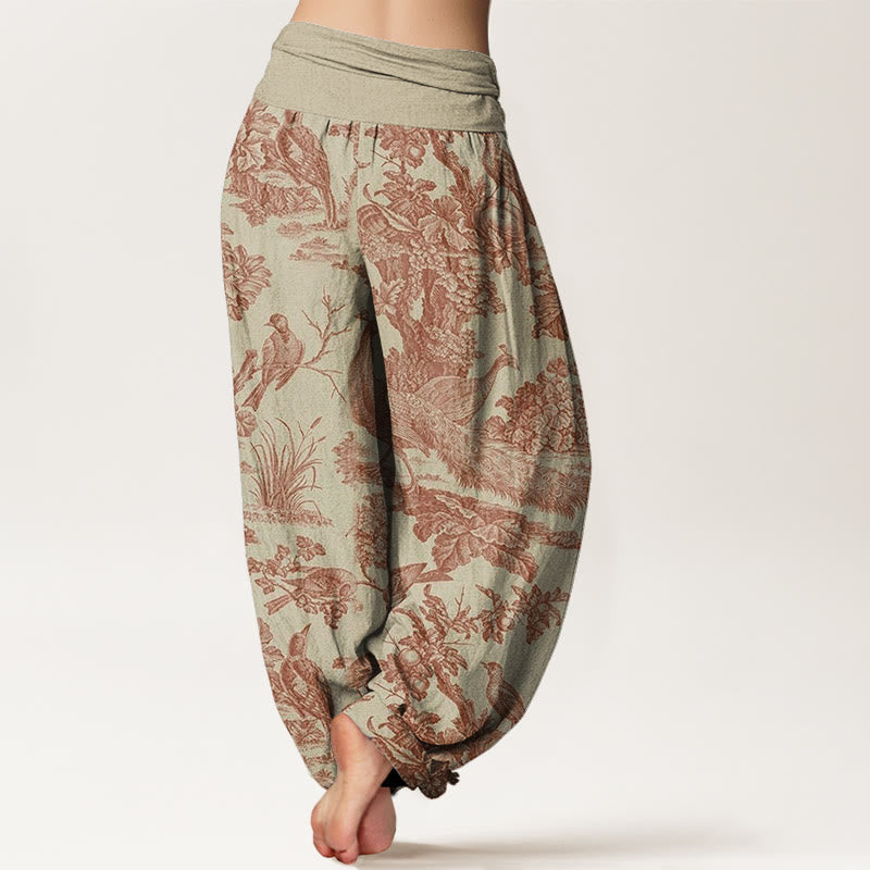 Nimara Ritual Cotton Birds Trees Branches Pattern Women's Elastic Waist Harem Pants