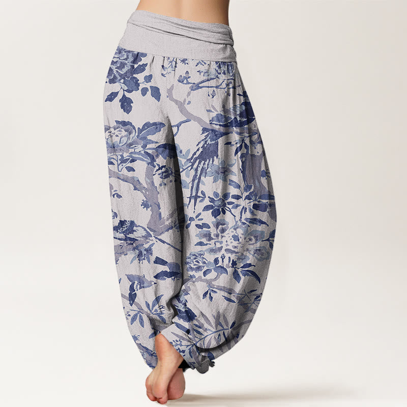 Nimara Ritual Cotton Birds Branches Flowers Pattern Women's Elastic Waist Harem Pants
