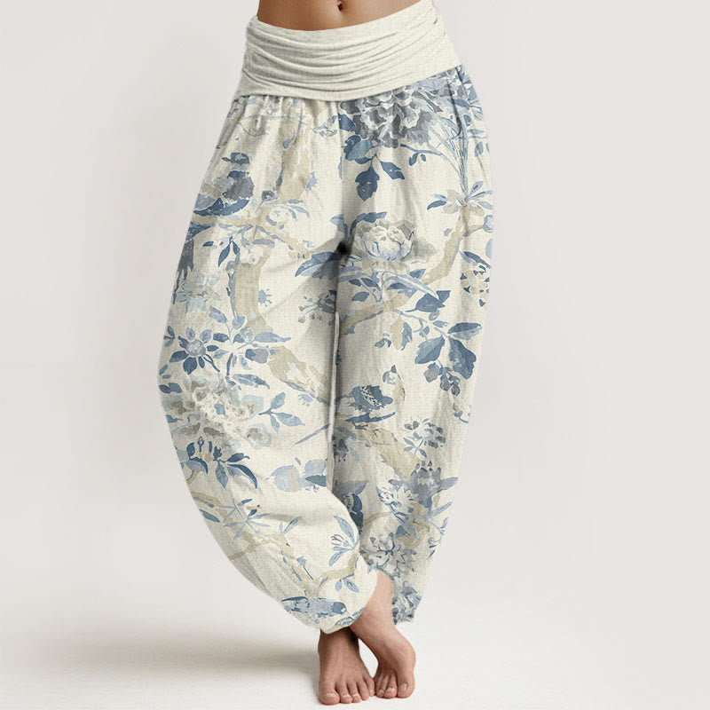 Nimara Ritual Cotton Birds Branches Flowers Pattern Women's Elastic Waist Harem Pants