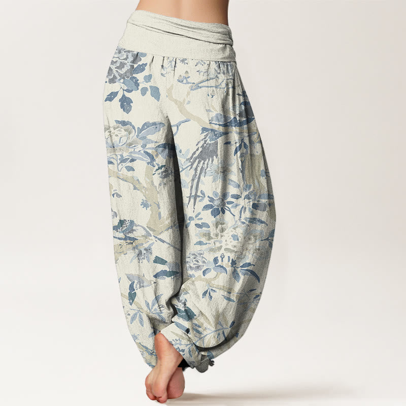 Nimara Ritual Cotton Birds Branches Flowers Pattern Women's Elastic Waist Harem Pants