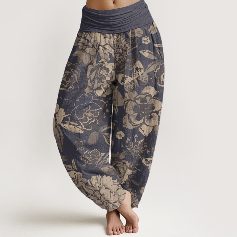Nimara Ritual Cotton Casual Peony Flowers Leaves Women's Elastic Waist Harem Pants