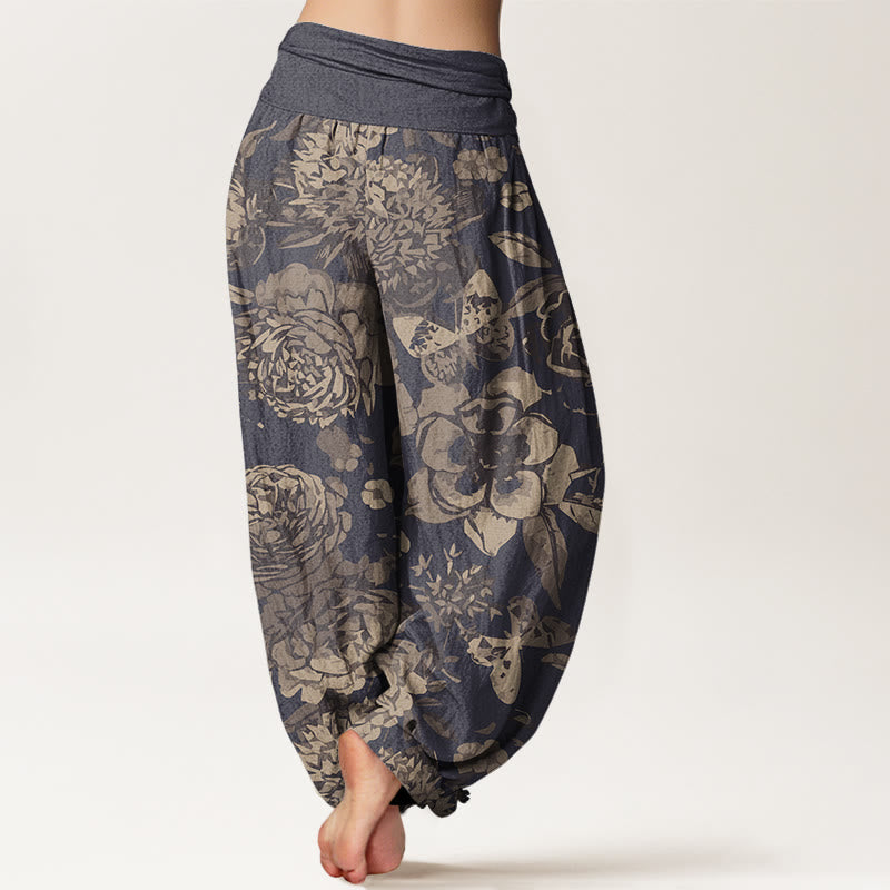 Nimara Ritual Cotton Casual Peony Flowers Leaves Women's Elastic Waist Harem Pants