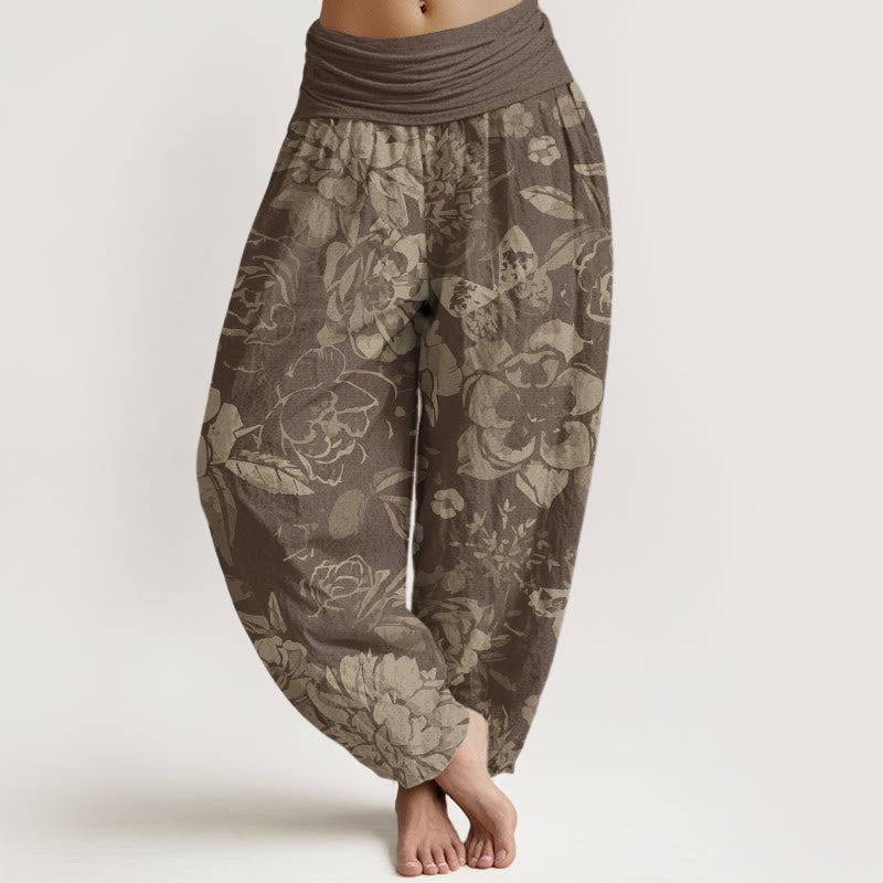 Nimara Ritual Cotton Casual Peony Flowers Leaves Women's Elastic Waist Harem Pants