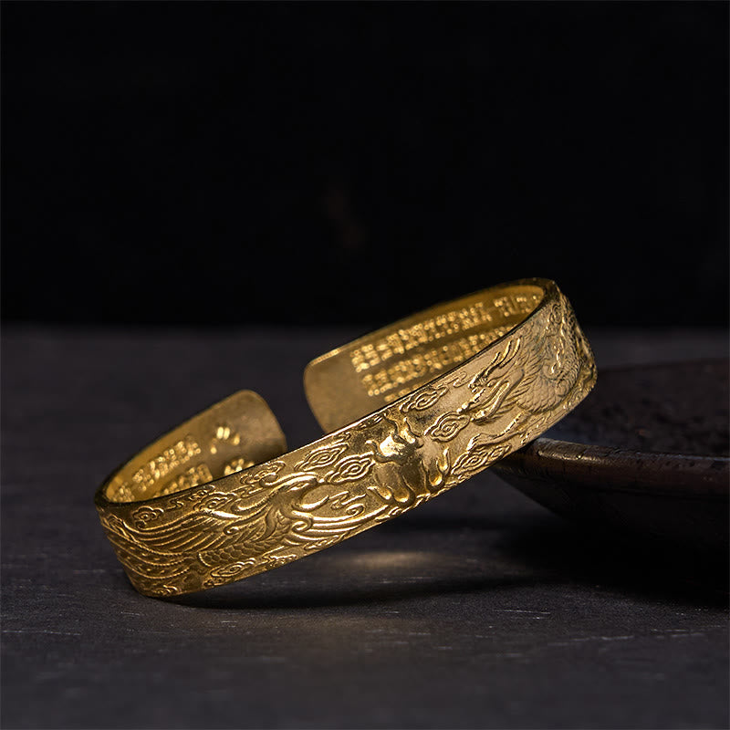 Nimara Ritual Dragon And Phoenix Playing With A Pearl Heart Sutra Carved Copper Brass Luck Bracelet Bangle