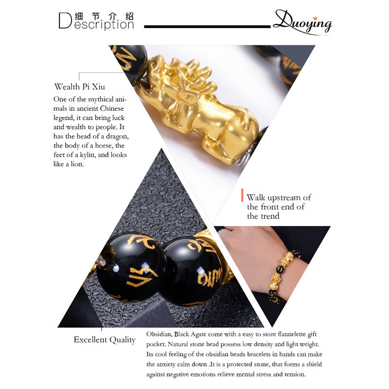 Nimara Ritual Black Obsidian Black Onyx Golden Alloy Two PiXiu Om Mani Padme Hum Strength Bracelet
