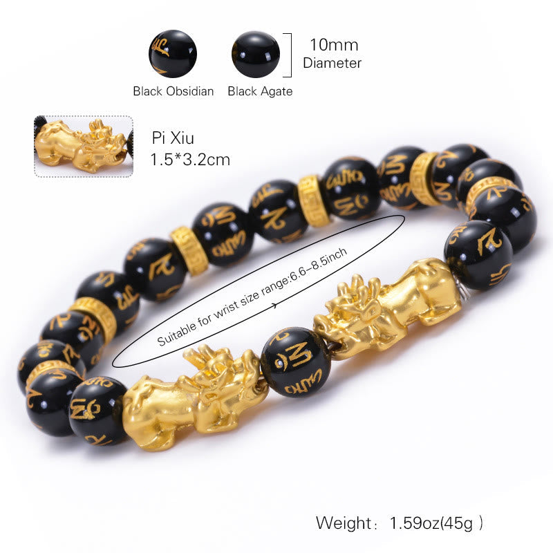 Nimara Ritual Black Obsidian Black Onyx Golden Alloy Two PiXiu Om Mani Padme Hum Strength Bracelet