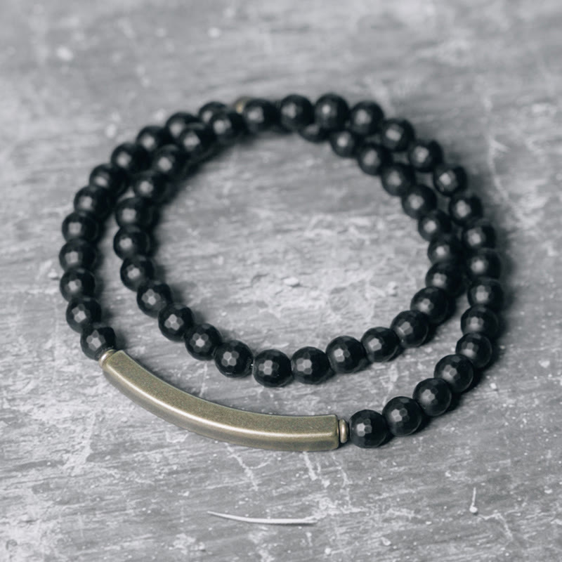 Nimara Ritual Frosted Cut Surface Black Onyx Copper Brass Double Wrap Protection Bracelet