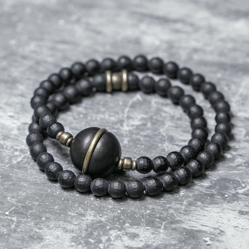 Nimara Ritual Frosted Cut Surface Black Onyx Ebony Beads Double Wrap Protection Bracelet