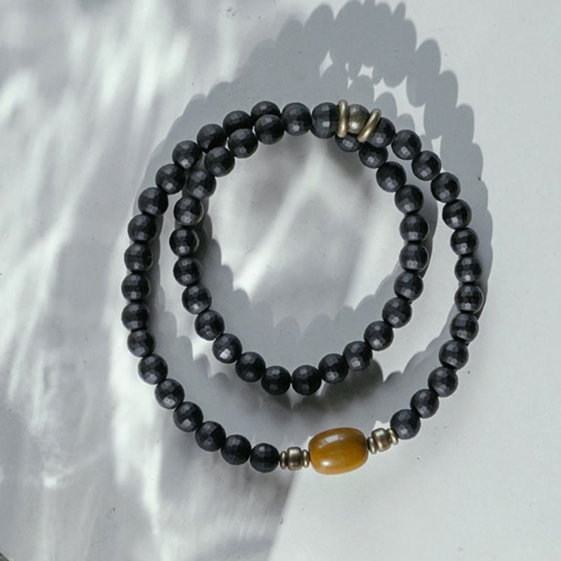 Nimara Ritual Frosted Cut Surface Black Onyx Topaz Beads Double Wrap Protection Bracelet