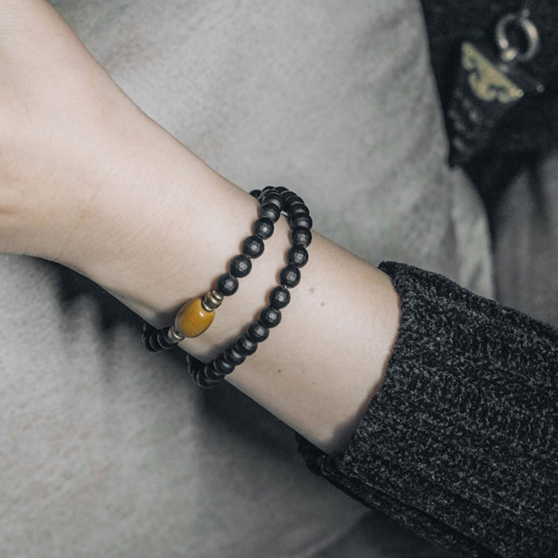 Nimara Ritual Frosted Cut Surface Black Onyx Topaz Beads Double Wrap Protection Bracelet