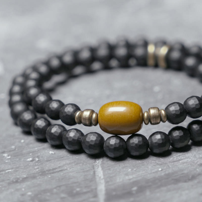 Nimara Ritual Frosted Cut Surface Black Onyx Topaz Beads Double Wrap Protection Bracelet