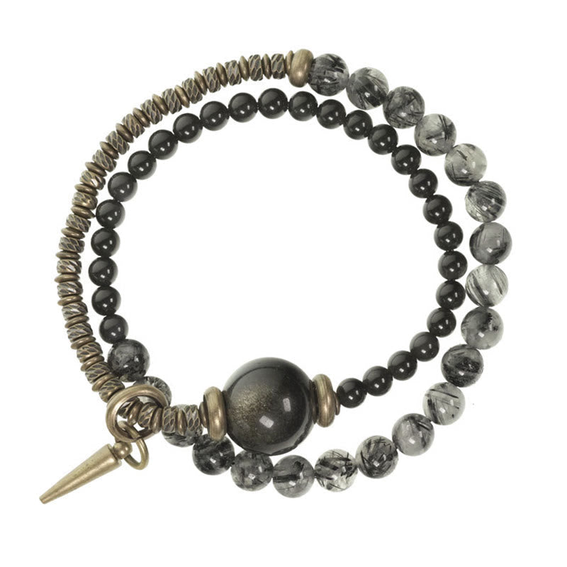 Nimara Ritual Gold Sheen Obsidian Black Rutilated Quartz Copper Brass Double Wrap Protection Bracelet